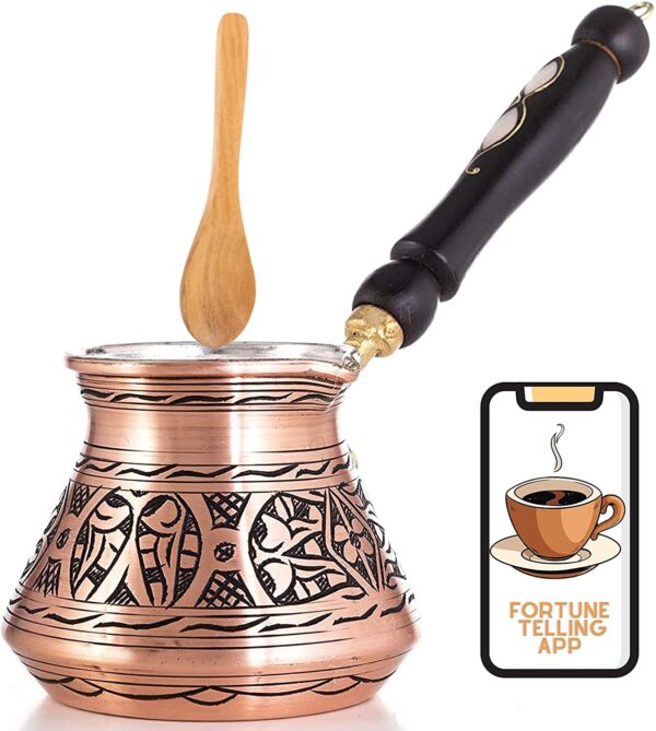 Erbulus 12 Oz Turkish Coffee Pot - Briki Greek, Arabic, Turkish Coffee Maker with Wooden Handle and Fortune App, 4 persons Hammered Copper Cezve Ibrik , Stovetop Engraved, Includes Wooden Spoon