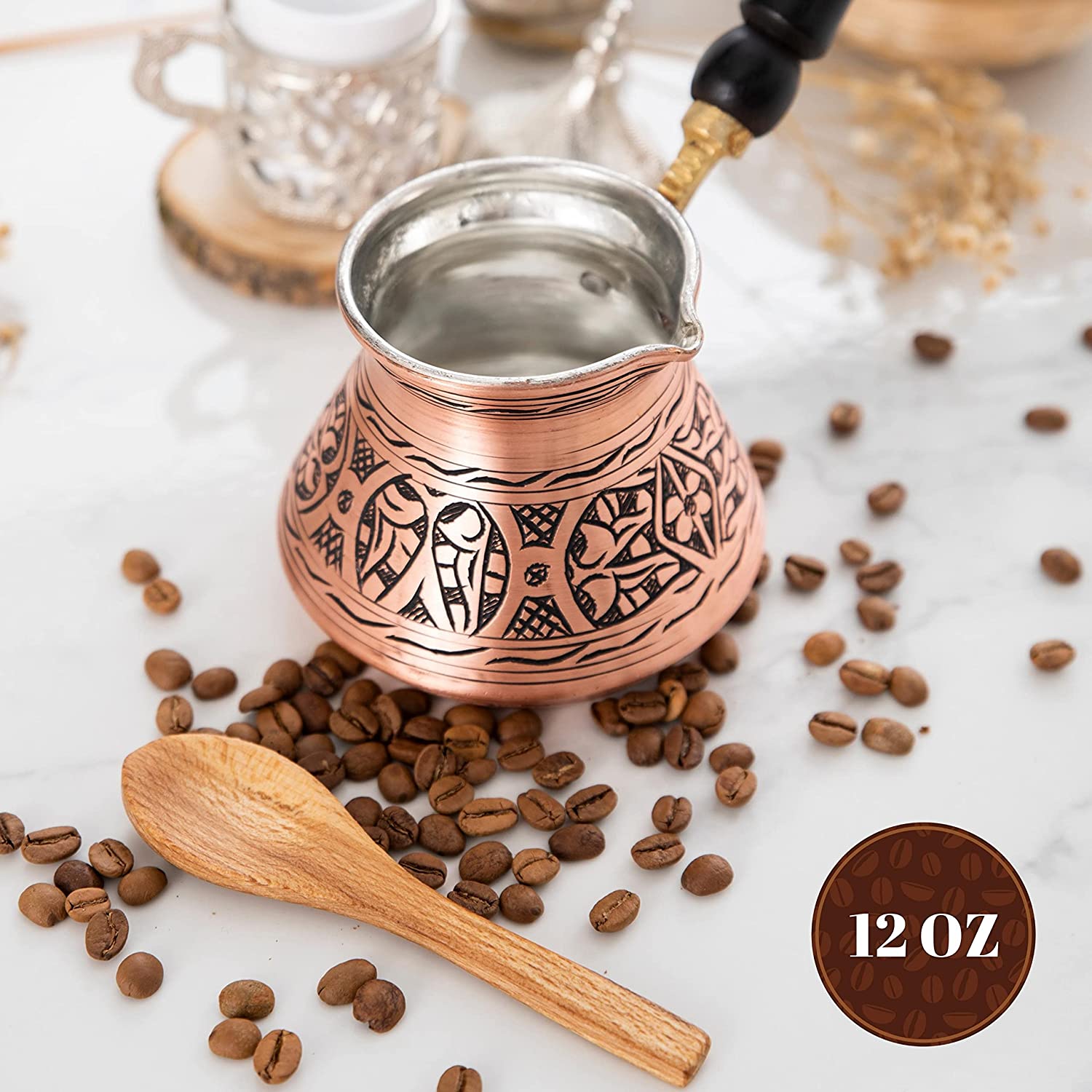  Turkish Copper Coffee Set for 2, Arabic Greek Coffee