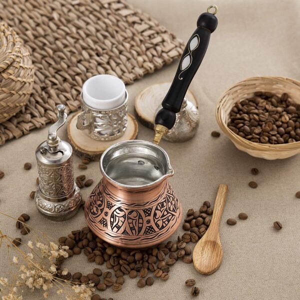 Erbulus 12 Oz Turkish Coffee Pot - Briki Greek, Arabic, Turkish Coffee Maker with Wooden Handle and Fortune App, 4 persons Hammered Copper Cezve Ibrik , Stovetop Engraved, Includes Wooden Spoon - Image 3