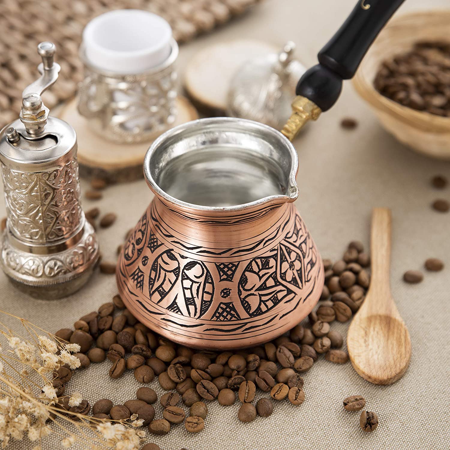  Turkish Copper Coffee Set for 2, Arabic Greek Coffee